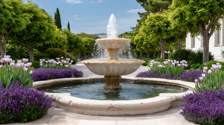 Elegant stone fountain flowing with water surrounded by purple lavender and pink tulips in a sunny parkの素材