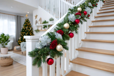 Christmas garland with ornaments and pinecones adorning a white staircase banisterの素材