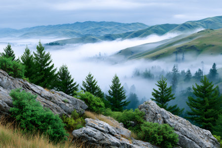 Fog filling a valley, surrounded by green rolling hills and evergreen trees under a cloudy skyの素材