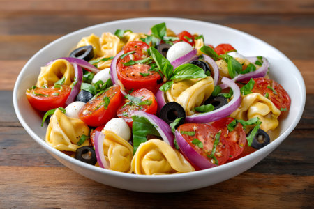 Tortellini pasta salad with tomatoes, mozzarella, olives, red onion, and basilの素材