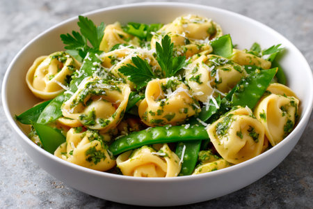 Fresh tortellini pasta tossed with vibrant pesto, crisp snow peas, and grated parmesan cheeseの素材