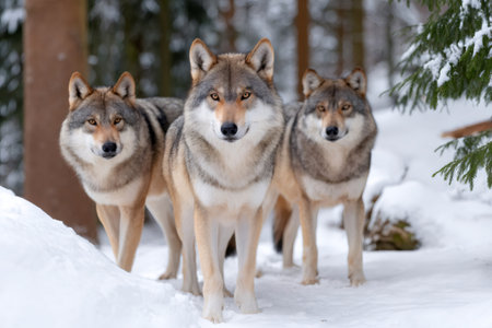 Three majestic gray wolves standing in a snowy forest during winterの素材