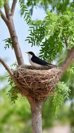 Black and white bird sitting in a natural nest among green leaves on a tree branchの素材