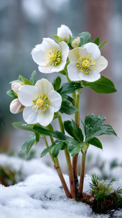 Hellebore flowers pushing through fresh winter snow, showing resilience and growth in coldの素材