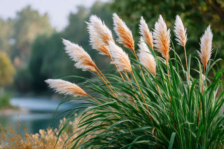 Pampas grass with feathery plumes growing by a lake, showing nature and plant lifeの素材