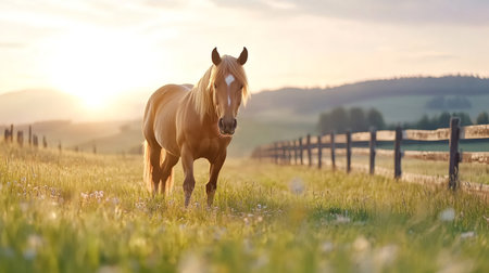 Chestnut horse standing in a grassy meadow with a wooden fence at sunsetの素材