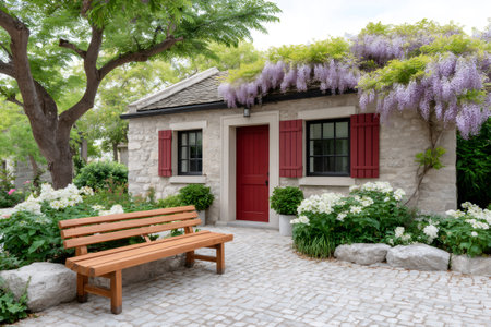 Charming stone cottage featuring a red door, wisteria, and a wooden bench on cobblestoneの素材