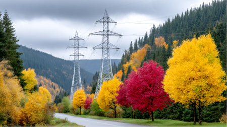 Autumn forest landscape showing power lines through a valley with colorful trees and a roadの素材