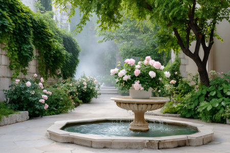 Lush green garden with a stone fountain, pink roses, and atmospheric mist creating a peaceful sceneの素材