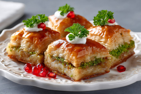Sweet baklava pastries garnished with pistachio, cream, parsley, and pomegranate on a white plateの素材