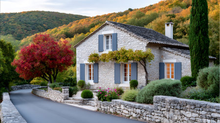 Charming stone house nestled in an autumn landscape with colorful trees and a winding roadの素材