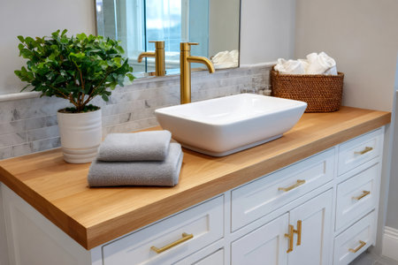 Modern bathroom interior featuring a wooden vanity, vessel sink, and brushed gold faucetの素材