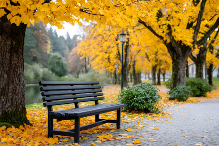Park bench under yellow maple trees creating a peaceful autumn sceneの素材