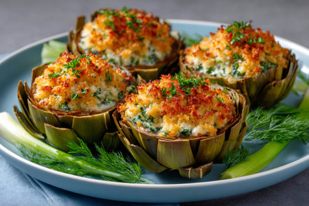 Stuffed artichokes filled with cheese, spinach, and breadcrumbs, topped with fresh herbsの素材