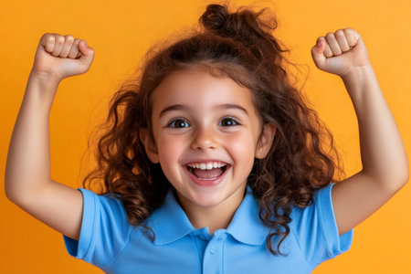 Happy child celebrating victory, clenching fists in triumph with a wide smileの素材