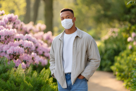 Young black man wearing medical mask protecting from virus while walking outdoorsの素材