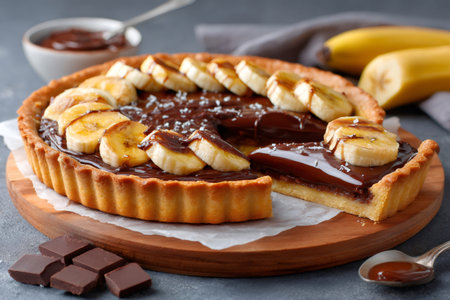 Round tart filled with rich chocolate and caramel, topped with banana slicesの素材