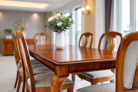 Elegant dining room featuring a wooden table, padded chairs, and floral centerpieceの素材