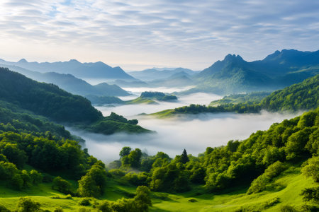 Fog filling a tranquil valley among mountains and lush green forests during morning lightの素材
