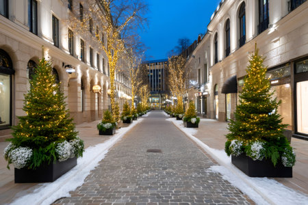 Illuminated Christmas trees and string lights decorating an urban street during winterの素材
