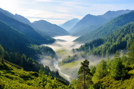 Lush green mountain valley with river and dense fog at sunrise showing serenity and natureの素材