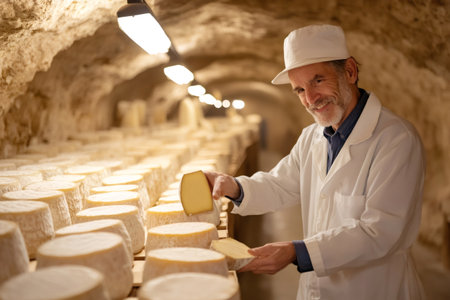 Smiling artisan cheesemaker inspecting cheese wheels on shelves in a ripening caveの素材