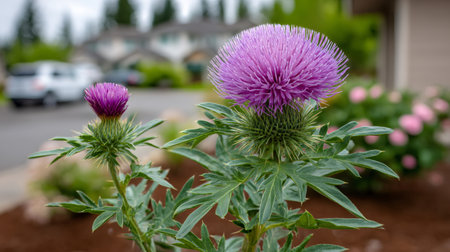Thistle plants growing with vibrant purple blooms in a residential neighborhoodの素材
