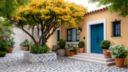 Colorful hacienda style courtyard with blooming tree, blue door, and cobblestone patioの素材