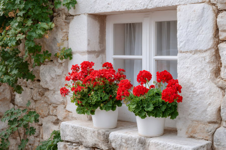 Geranium flowers blooming in pots on a rustic stone windowsill of an old houseの素材