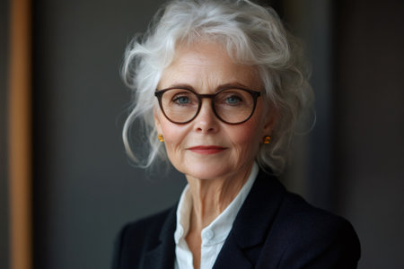 Senior businesswoman with gray hair and glasses posing confidentlyの素材