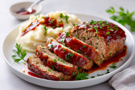 Meatloaf slices with a sweet ketchup glaze and mashed potatoes topped with parsleyの素材