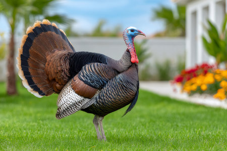Wild turkey displaying colorful feathers while strutting on grass in a residential areaの素材