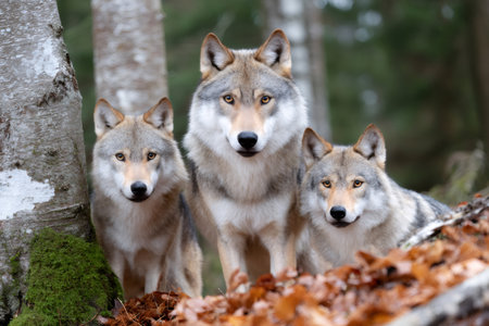 Gray wolf pack looking at camera in autumn forestの素材