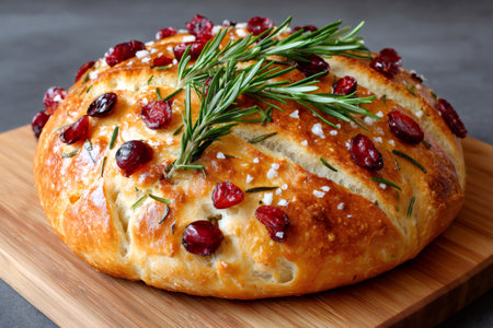 Round artisan bread loaf baking with cranberries, rosemary, and sea salt on a wooden boardの素材