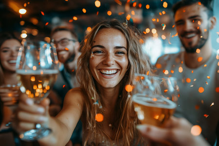 Happy woman holding a drink, smiling, celebrating with friends during a partyの素材