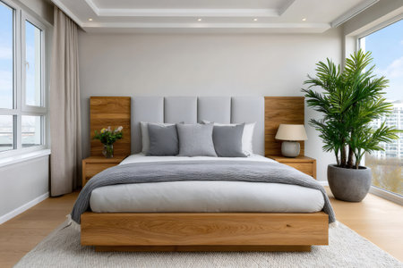Bedroom with wooden furniture, gray bedding, and a large potted plant near the windowの素材
