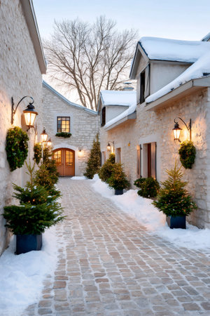 Cobblestone path winding through a cozy village alley decorated for Christmas in winterの素材