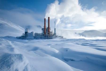 Factory with smoking chimneys releasing steam and pollution in a cold winter environmentの素材