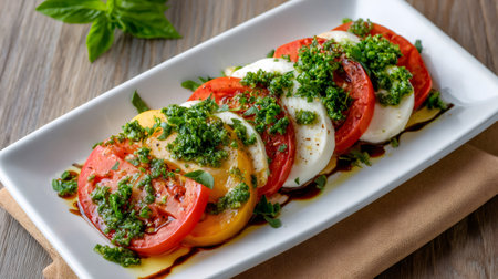 Caprese salad plating with sliced tomatoes, buffalo mozzarella, fresh basil pesto, and balsamic glazeの素材