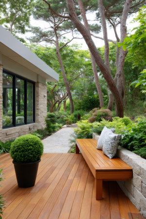 Modern patio and wooden deck extending into a serene, landscaped garden with treesの素材