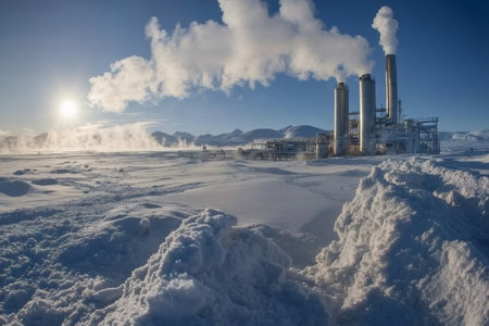 Geothermal power plant producing renewable energy with steam in a snowy winter landscapeの素材