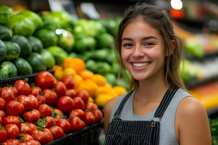 Young woman employee smiling while working in a supermarket produce sectionの素材