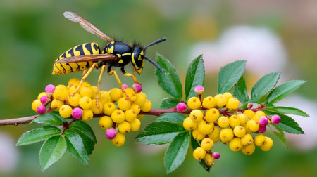 Wasp standing on a branch filled with round yellow berries and green leavesの素材
