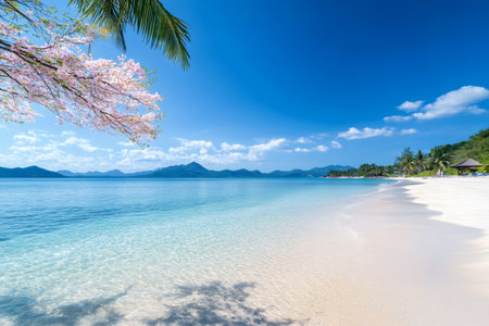 Tropical beach with white sand and clear turquoise ocean under a blue sky, perfect for travelの素材