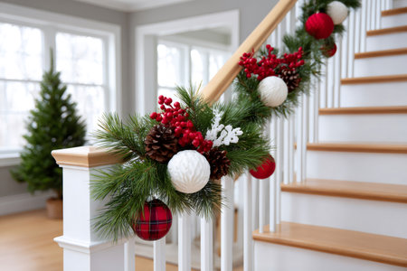 Christmas garland adorns a banister and stairs in a festive holiday home interiorの素材