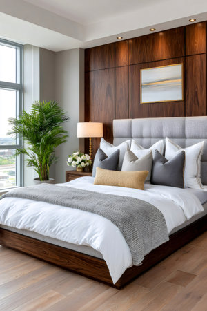 Modern bedroom featuring a comfortable bed, wood accent wall, and large window with city viewの素材