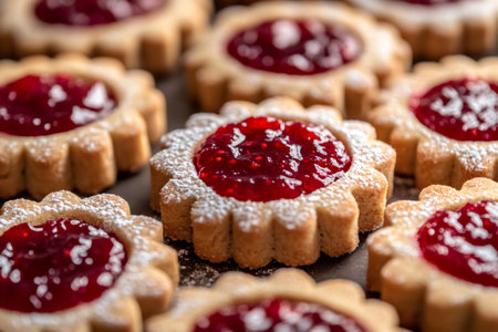 Delicious homemade shortbread cookies filling with bright red raspberry jamの素材