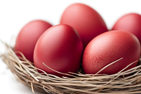 Red dyed eggs symbolizing resurrection, new life, and spring holiday traditionsの素材