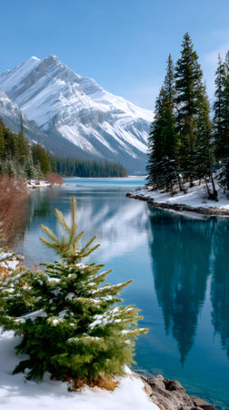 Snow-covered mountains and evergreen trees reflecting in a tranquil turquoise lake during winterの素材
