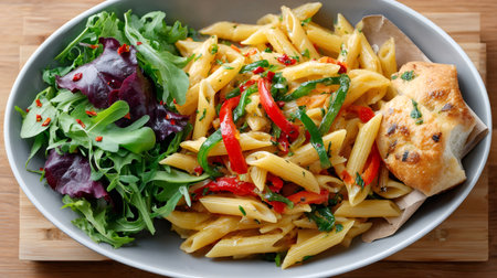 Penne pasta with colorful bell peppers, a side salad, and focaccia bread in a bowlの素材